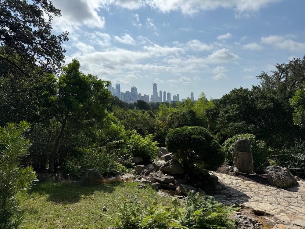 Garden path with skyline in the distance